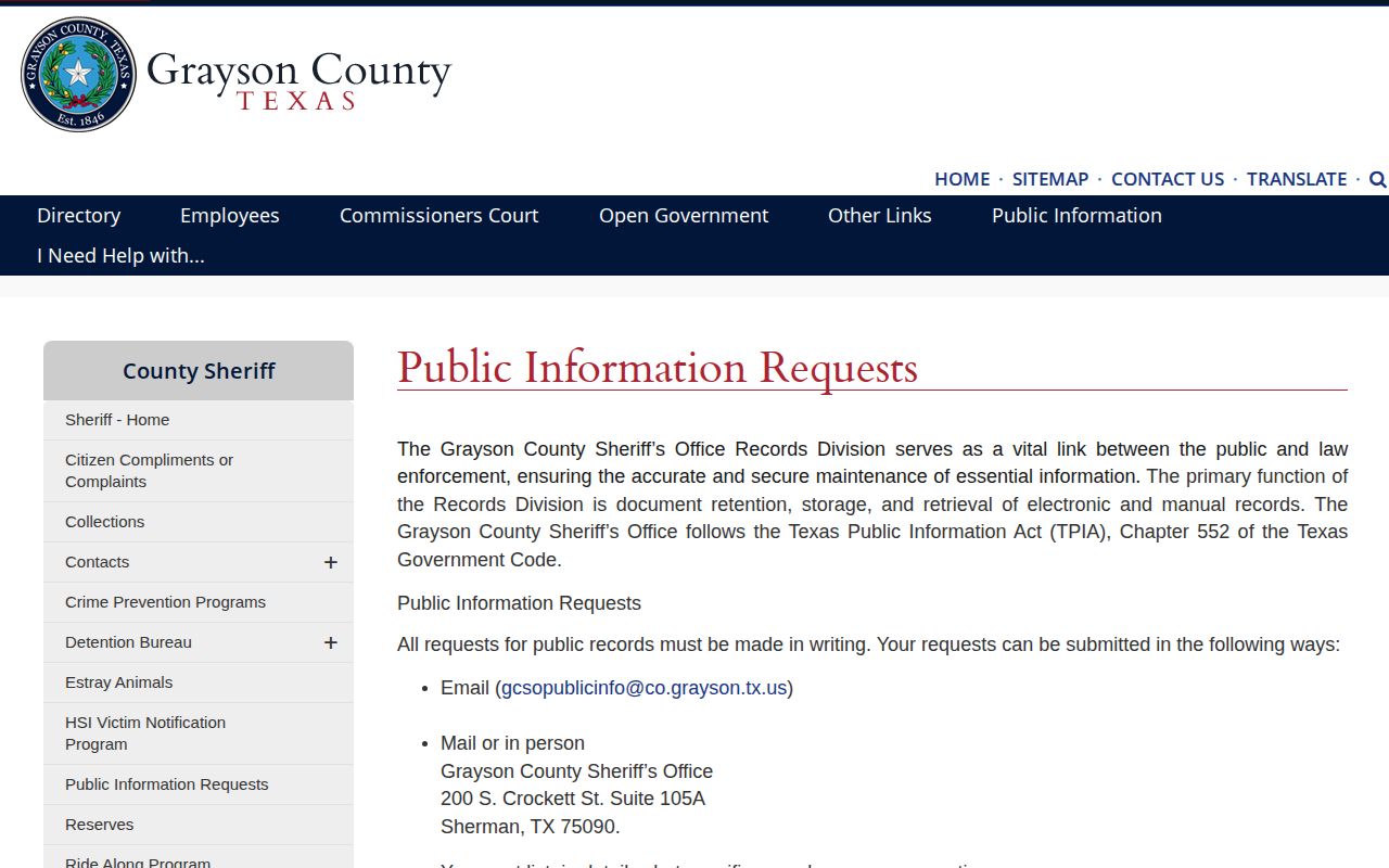 Grayson County booking record public information request source