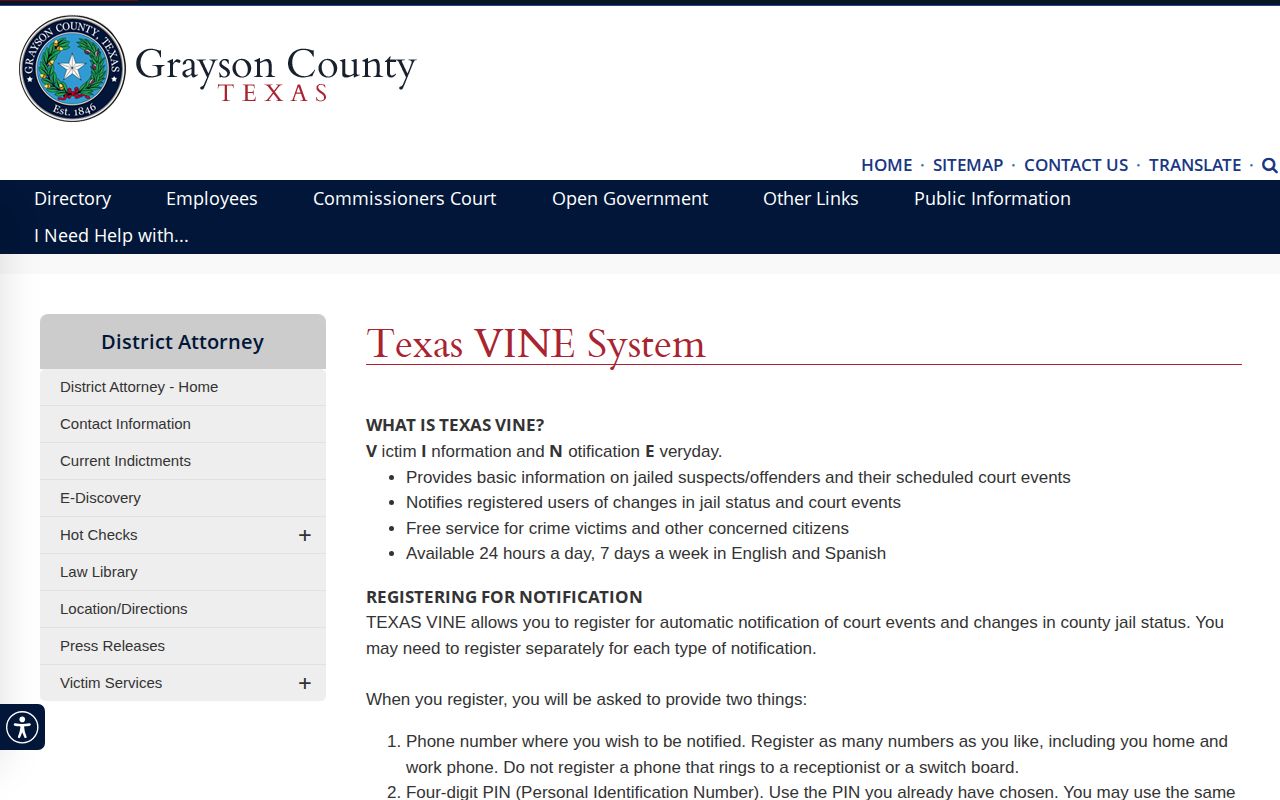 Grayson County VINE custody and court event alert source
